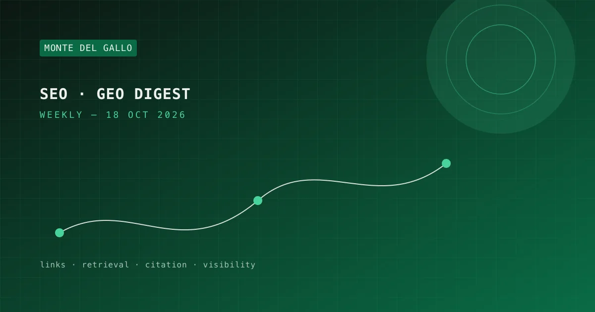 Dark green graphic of connected nodes reading SEO GEO Digest, weekly, 18 October 2026