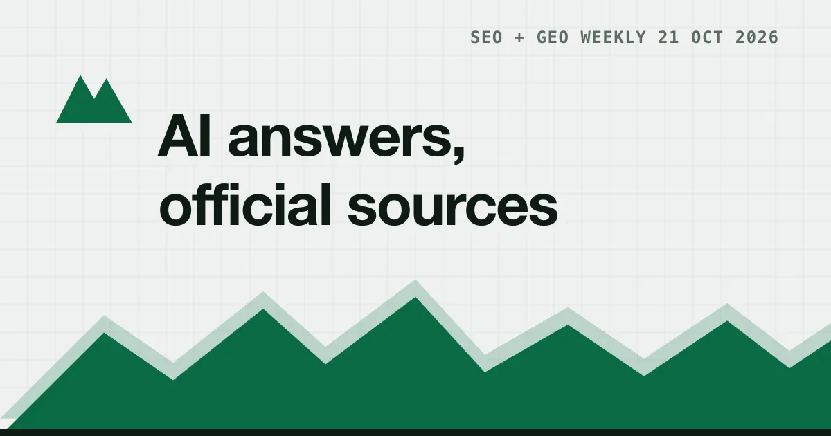 Dark green graphic reading SEO GEO Weekly, links, ads, and official sources in AI search