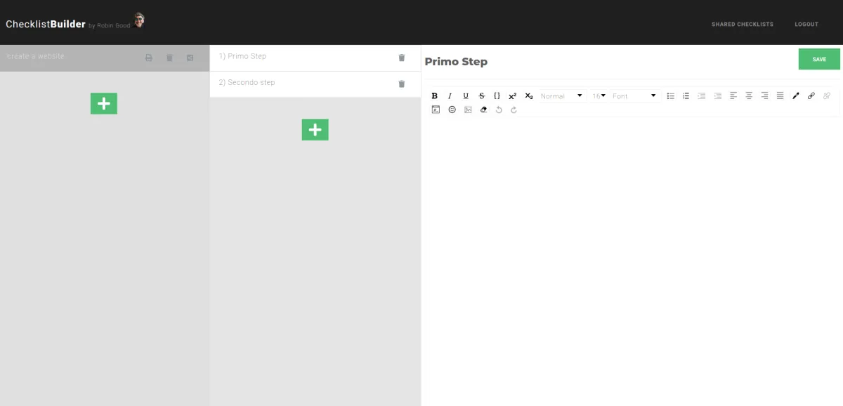 ChecklistBuilder: a list of steps on the left and a rich-text editor on the right