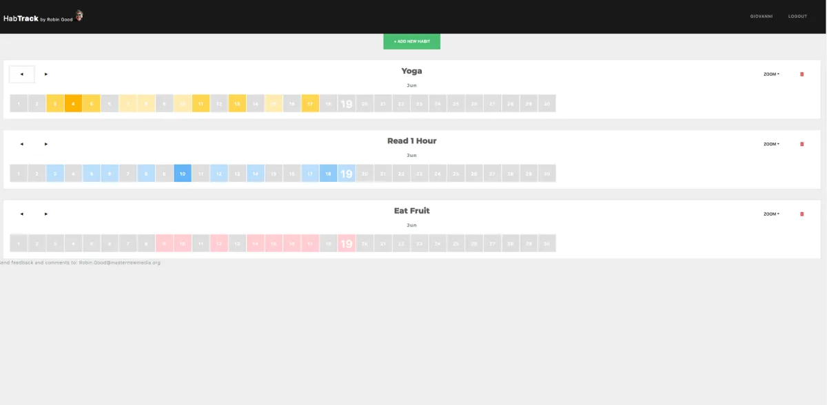 HabTrack: a table of daily habits with coloured cells for the days done