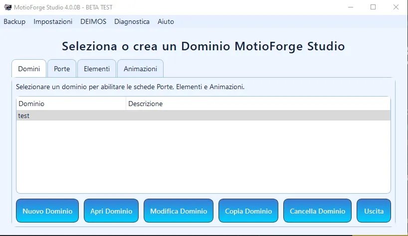 Finestra di avvio di MotioForge Studio per creare o aprire un dominio