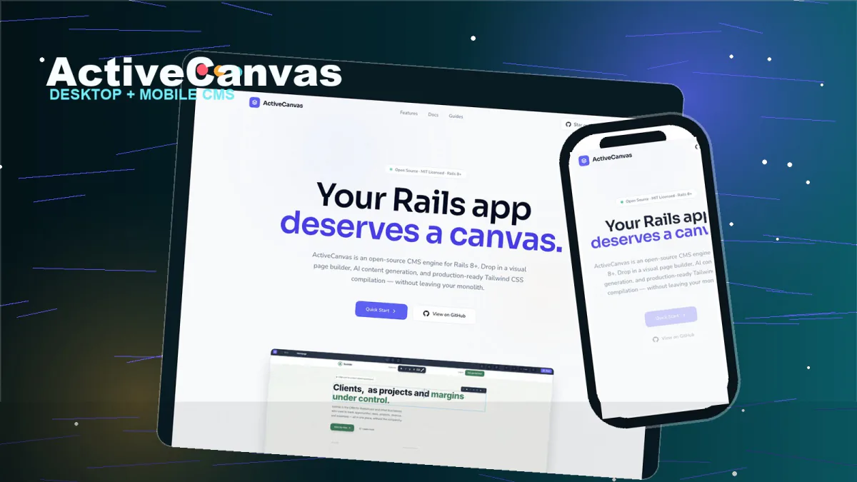 ActiveCanvas landing page shown on a desktop screen and on a phone, over a dark teal starfield