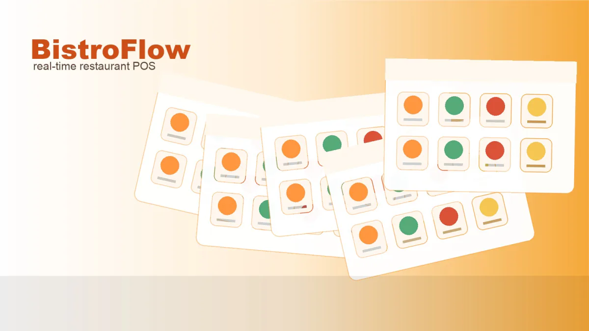 BistroFlow illustration: tablets with colored order tiles on an orange background