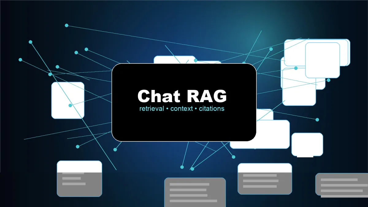 Chat RAG title card, retrieval, context, citations, surrounded by document tiles linked by thin lines on a dark blue background