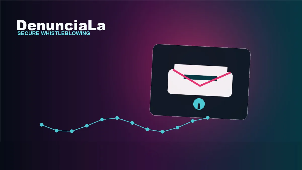 DenunciaLa logo with the tagline Secure whistleblowing, beside an illustration of a sealed envelope on a tablet, on a dark purple background