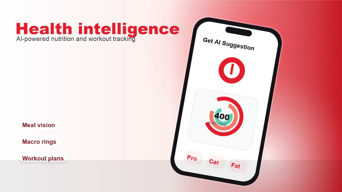 Diet Assistant illustration: a phone showing a calorie ring and an AI suggestion, headlined Health intelligence, on a white-to-red gradient
