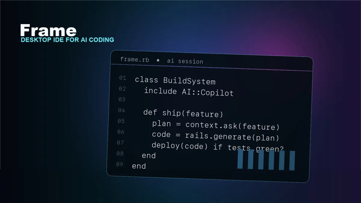 Frame logo and tagline Desktop IDE for AI coding, beside an illustrated code editor window showing a Ruby class, on a dark blue background