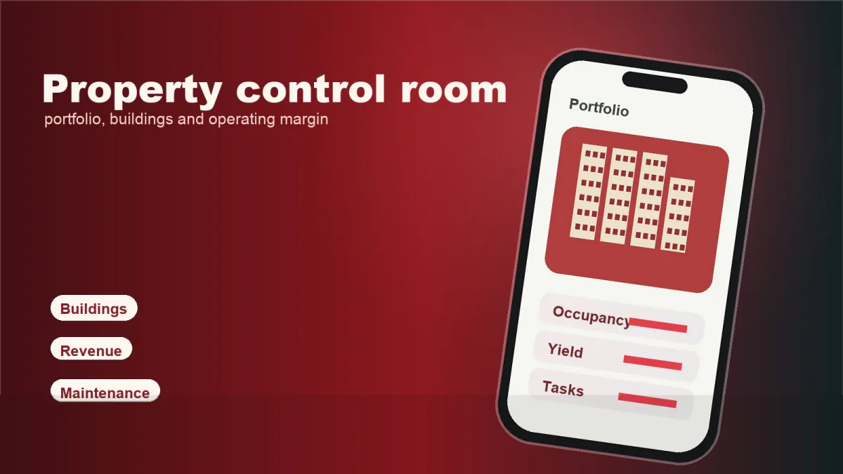 Gestione Immobili illustration: a phone showing a portfolio of buildings with occupancy, yield and tasks bars, headlined Property control room, on a dark red background