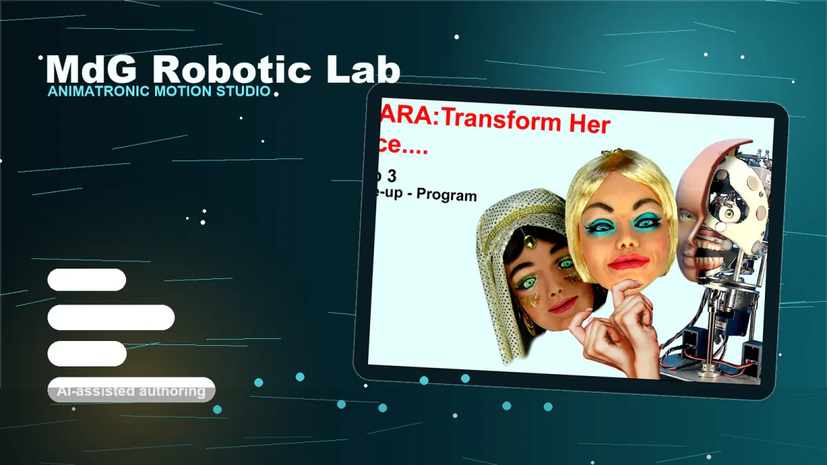 Scheda del titolo di MdG Robotic Lab accanto a un tablet che mostra volti animatronici in fase di programmazione, su sfondo verde petrolio scuro
