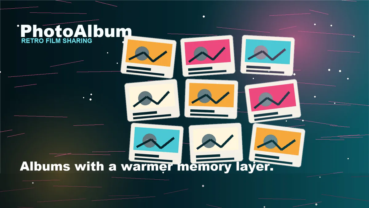 PhotoAlbum illustration: a grid of nine retro photo prints in orange, pink, teal and cream, headlined Albums with a warmer memory layer, on a dark teal background